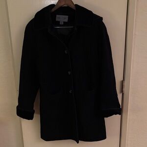 Bromley Women's Classic Black Pea Coat Wool Blend Soft Warm Hooded Size L